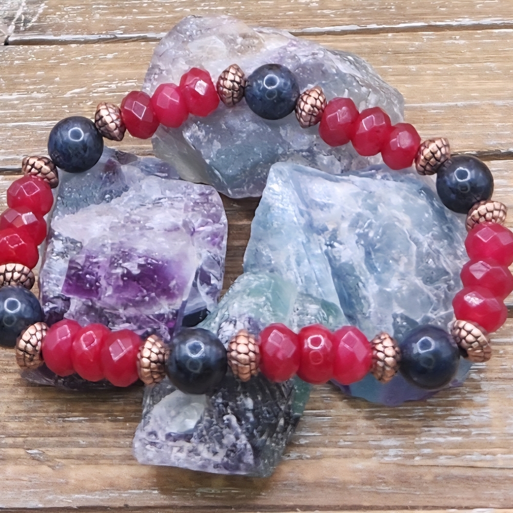 Ruby Red Jade, Dumortierite and Copper Beaded Bracelet
